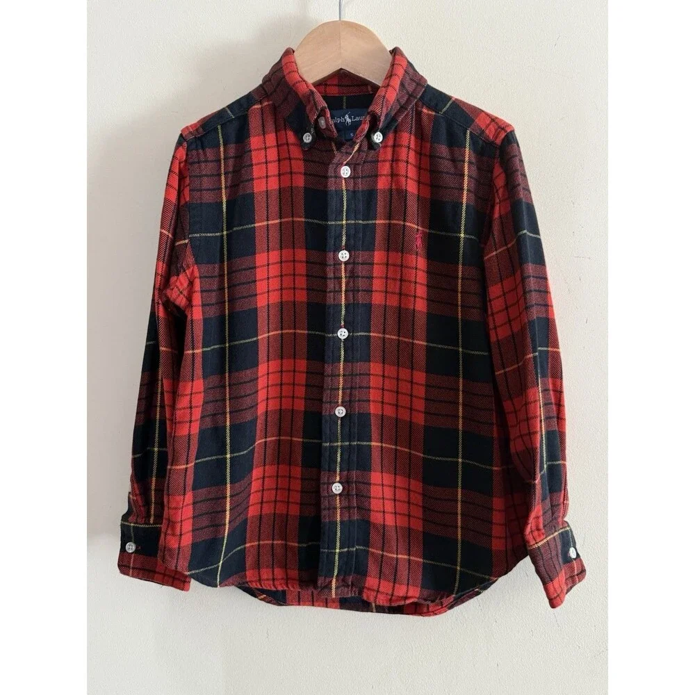 Boy's Ralph Lauren Red Tartan Holiday Plaid LS‎ Button Up Collared Shirt Size 5